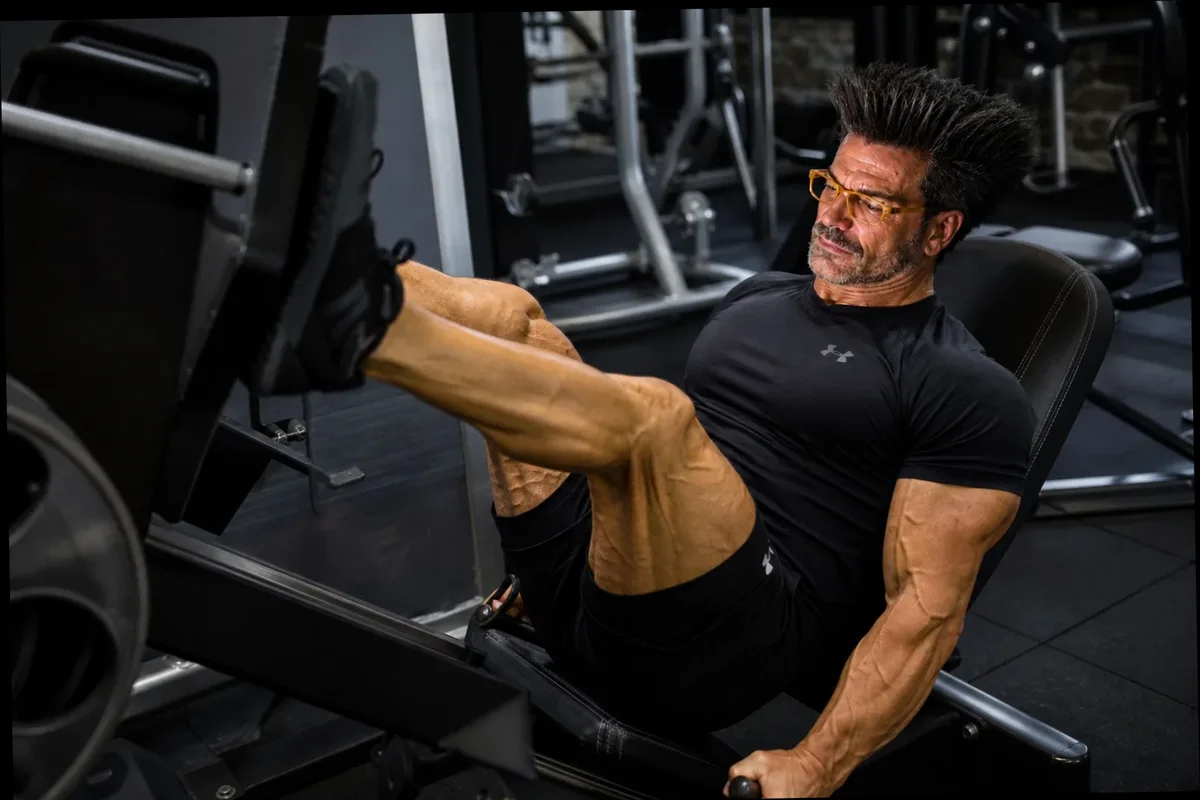 Gino Capon in palestra con manubri leggeri — allenare i pensieri positivi, fotorealistico
