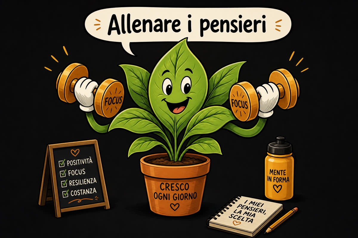 Vignetta cartoon: pianta sorridente in vaso con due manine che sollevano manubri dorati, metafora giocosa dell'allenamento dei pensieri positivi
