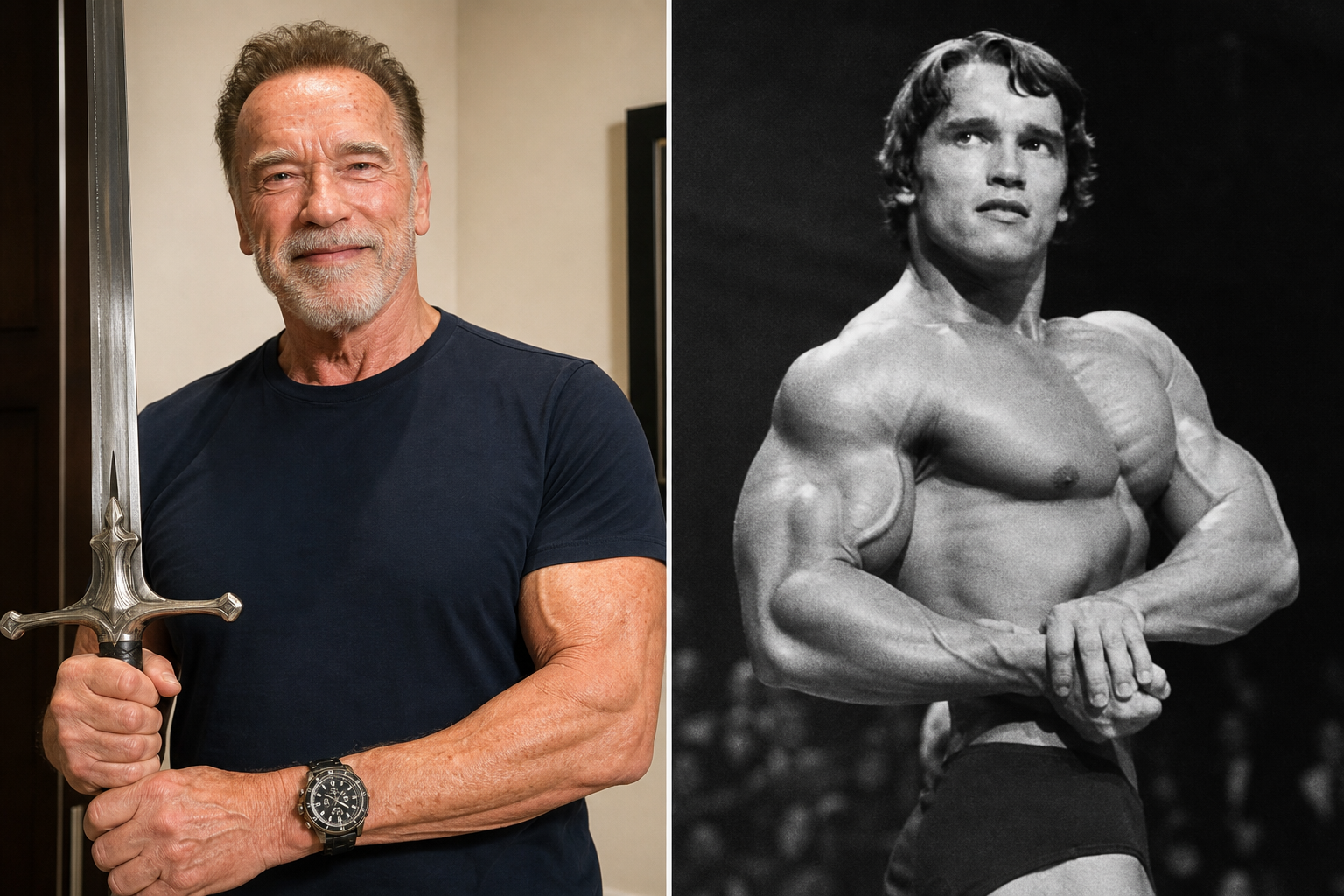 Confronto Arnold Schwarzenegger: a sinistra oggi a quasi 80 anni con spada da allenamento, a destra il giovane campione mondiale di bodybuilding in posa classica