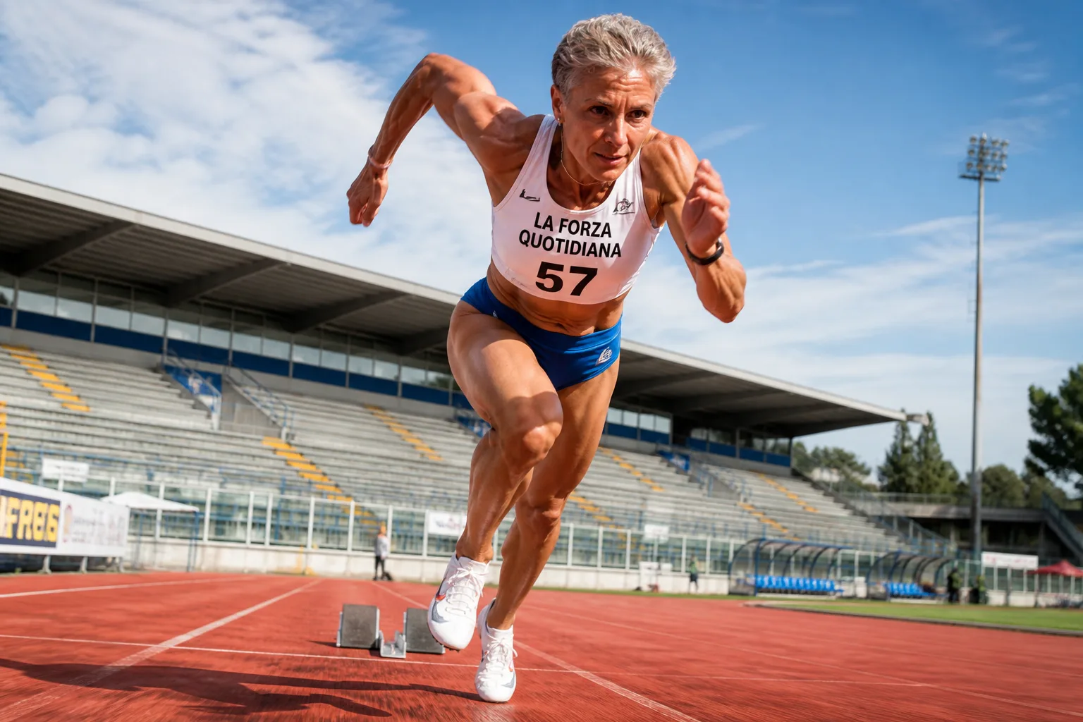 Atleta donna esplode dai blocchi di partenza su pista rossa, maglietta con scritta La Forza Quotidiana e numero 57, metafora degli scatti della vita