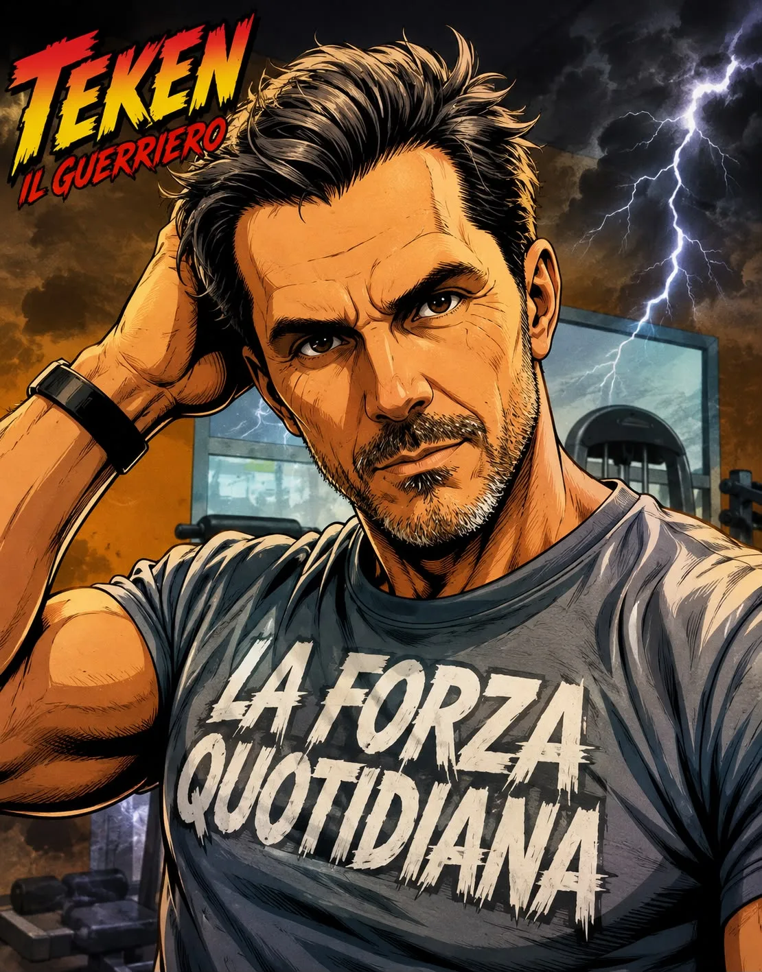 Ritratto originale Teken Il Guerriero — parodia cartoon Ken: logo TEKEN, maglietta La Forza Quotidiana, fulmine, gesto stanco