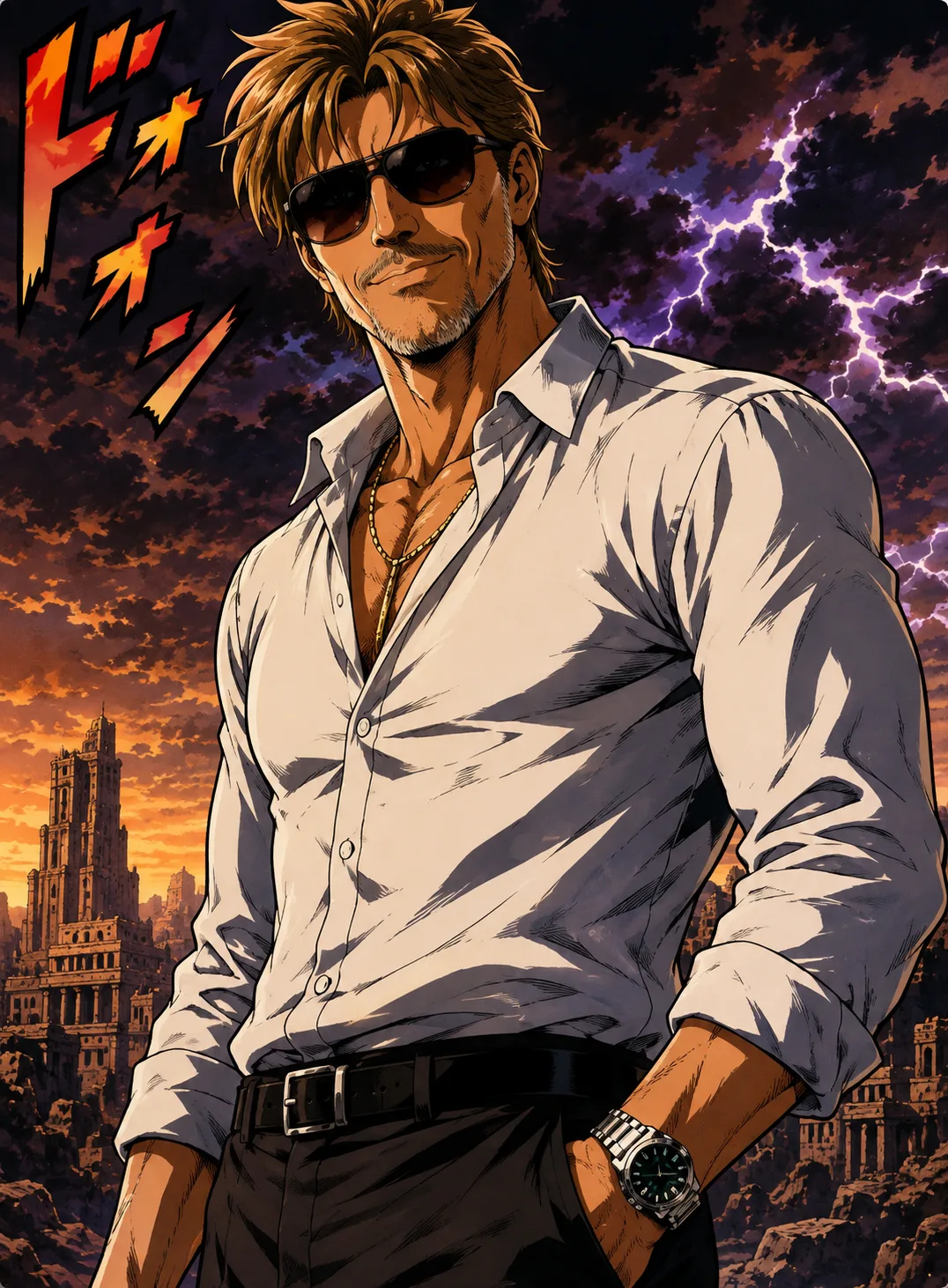 Ken il Poeta — ritratto manga di Gino Capon: camicia bianca, occhiali da sole, rovine, fulmine, onomatopea ドオォン, aura indomita