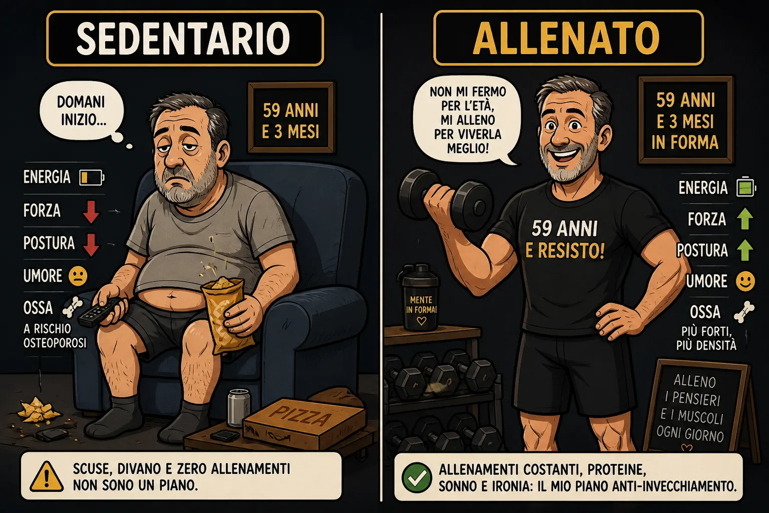 Vignetta cartoon: confronto ironico sedentario vs allenato dopo i 50, tema ossa e forza