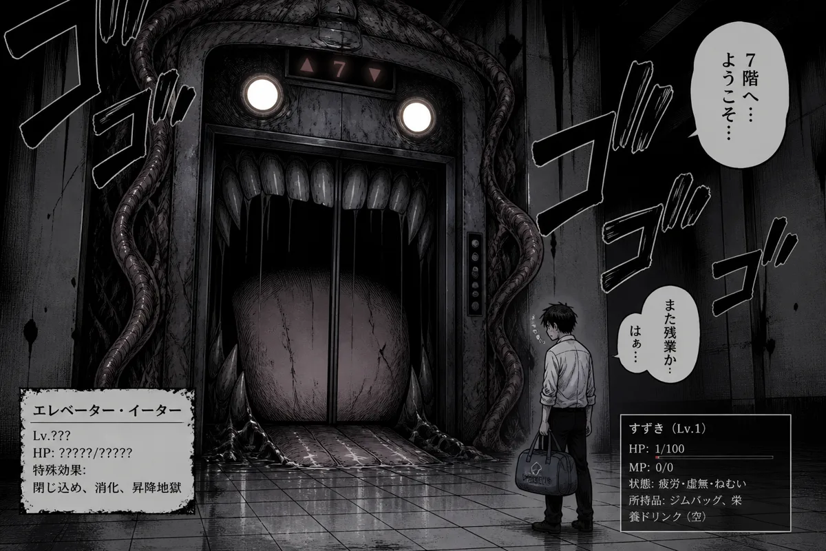 Illustrazione manga: ascensore come boss finale con aura minacciosa — parodia post leg day Gino 57 anni