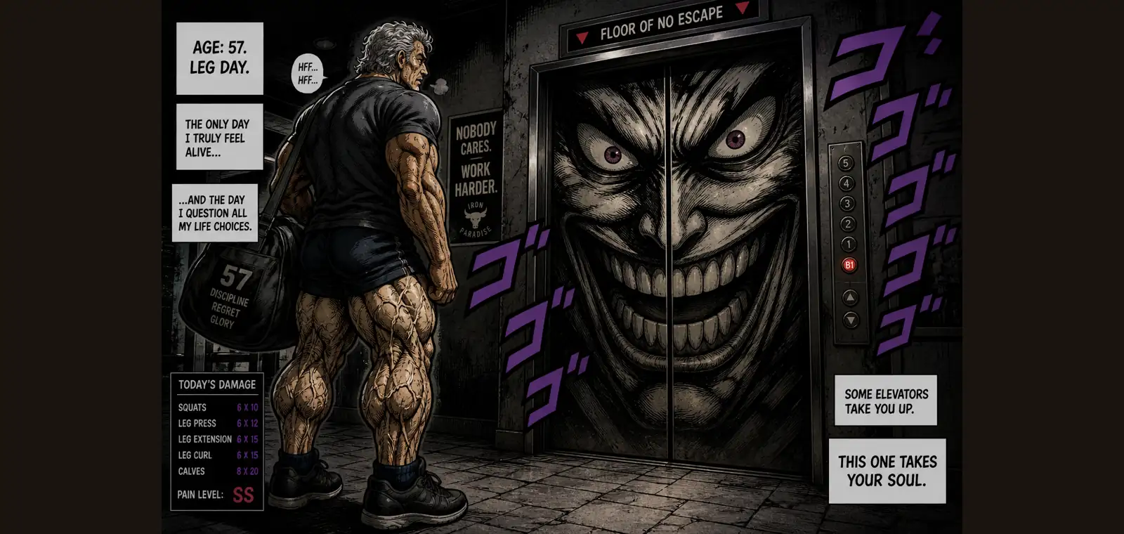 Illustrazione cartoon: Gino con gambe stropicciate guarda un ascensore come boss finale — parodia post leg day
