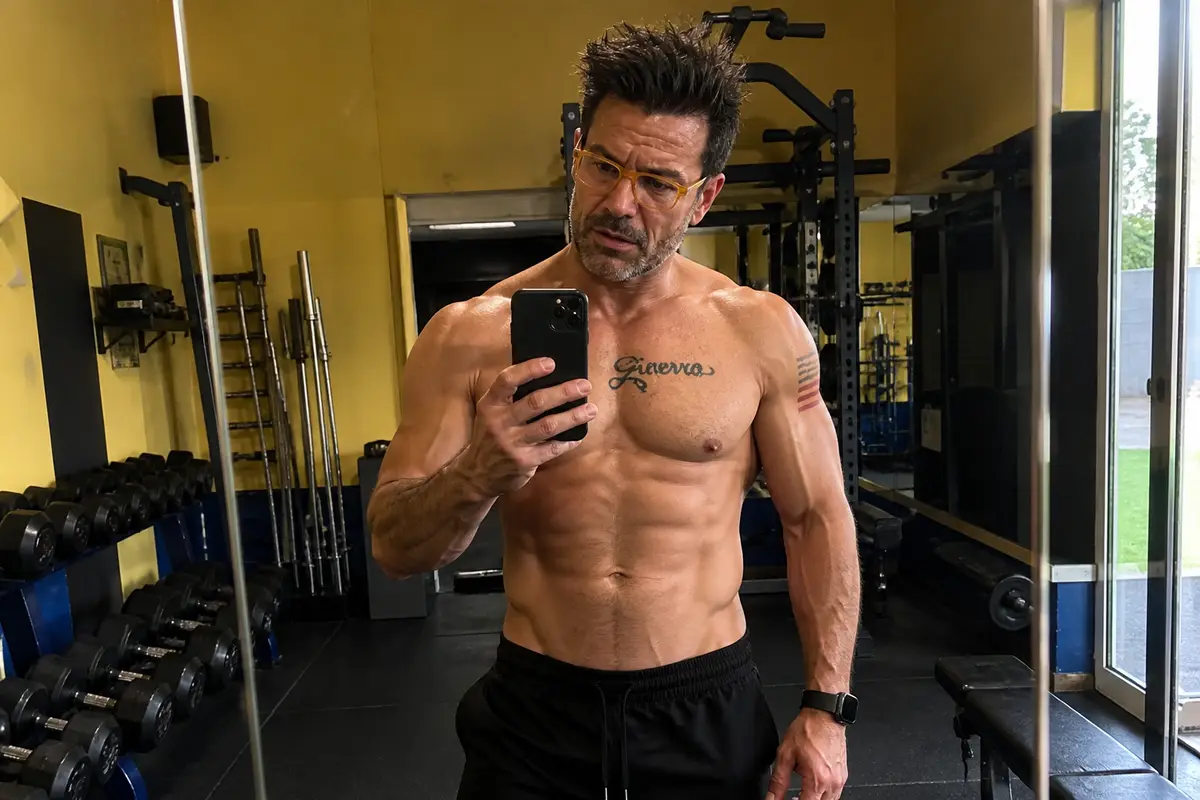 Gino Capon selfie specchio palestra stropicciato — fotorealistico