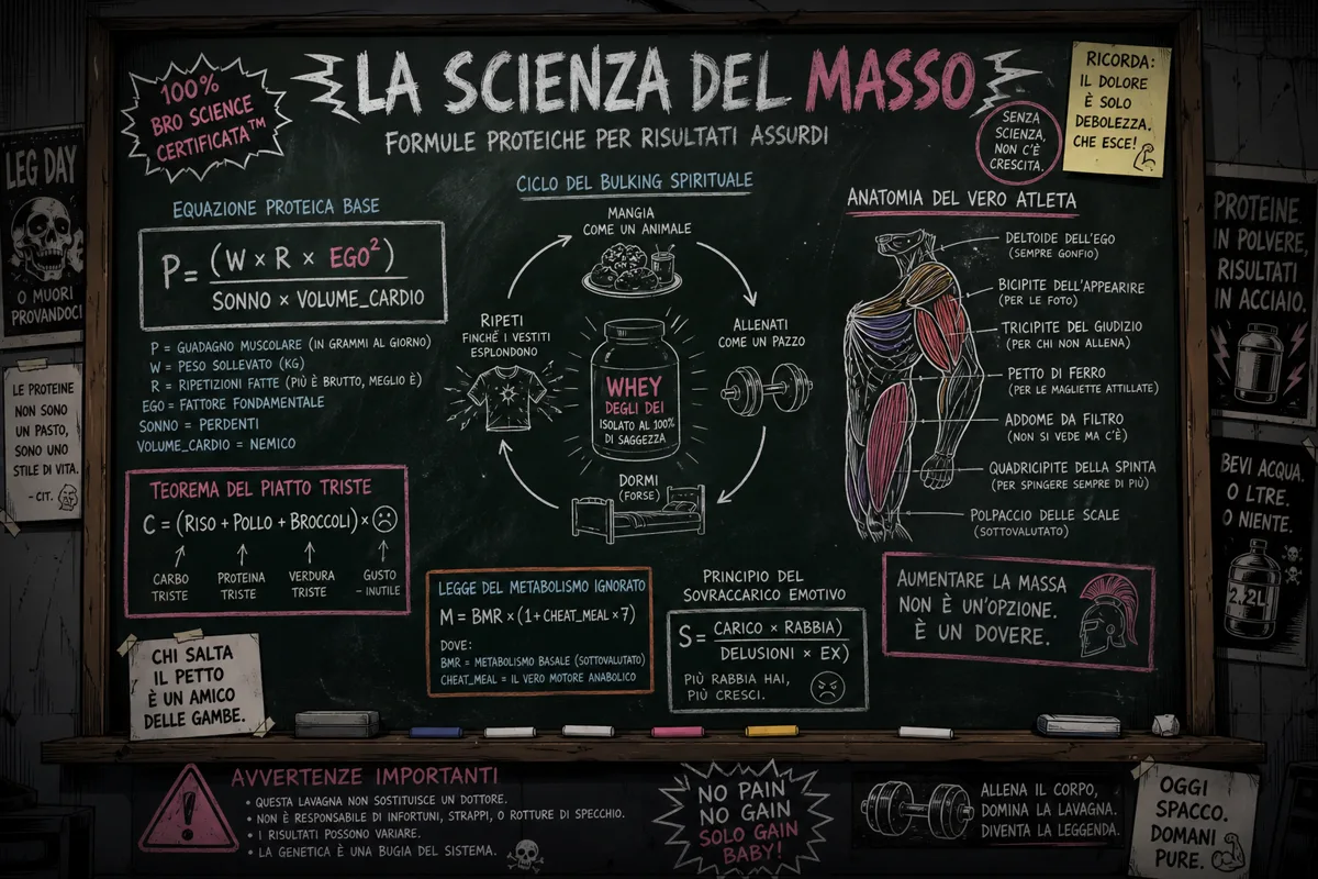 Vignetta cartoon: professore bro-science indica lavagna piena di frecce e formule assurde sulle proteine, studenti cartoon stupefatti