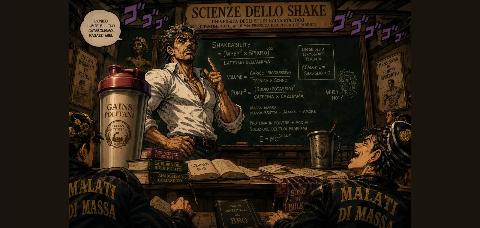 Scena surreale a fumetto: Gino cartoon in aula universitaria di Scienze dello Shake, lavagna con formula assurda, shaker gigante, stile JoJo