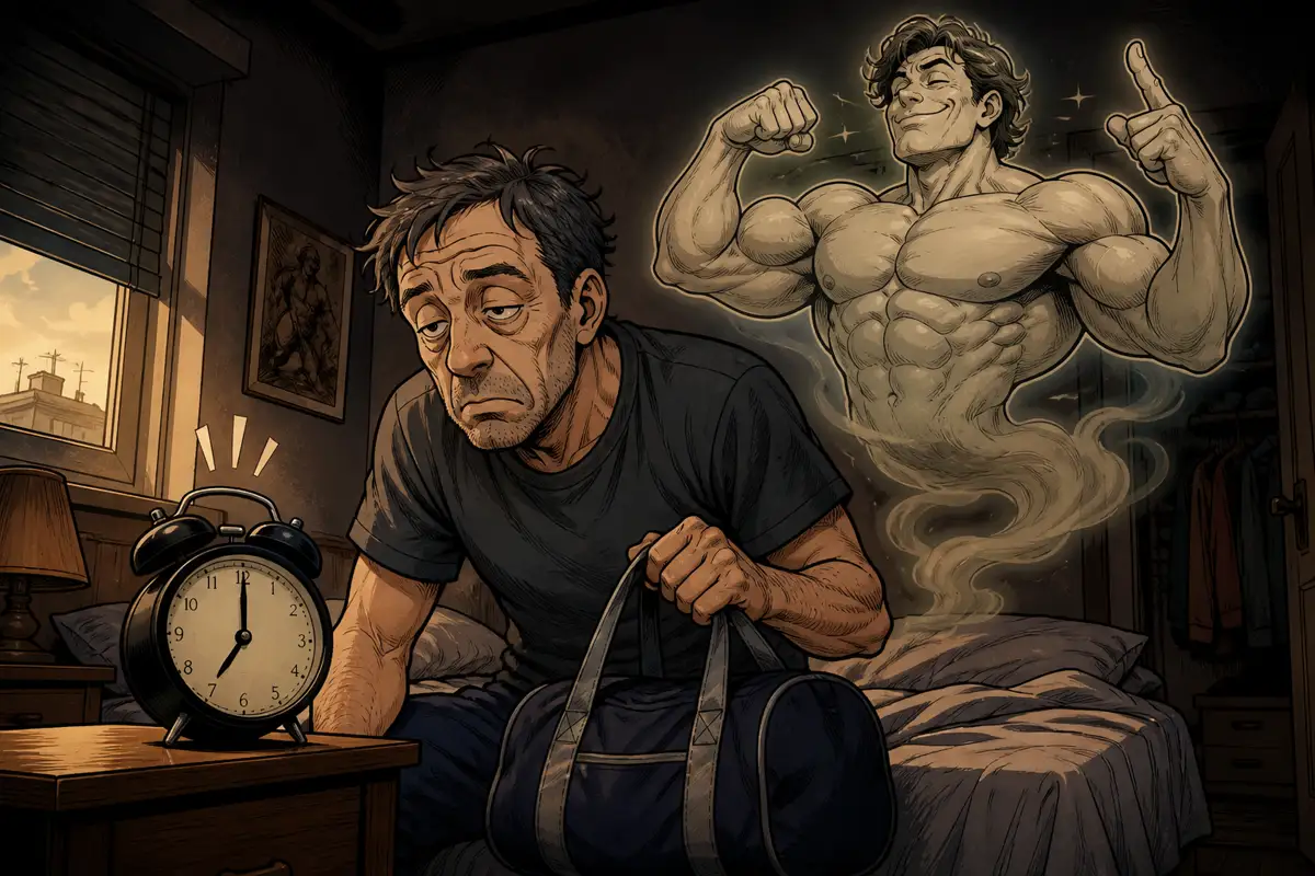 Illustrazione manga: bodybuilder gigante da meme sopra Gino cartoon in palestra reale — parodia everybody wants to be a bodybuilder