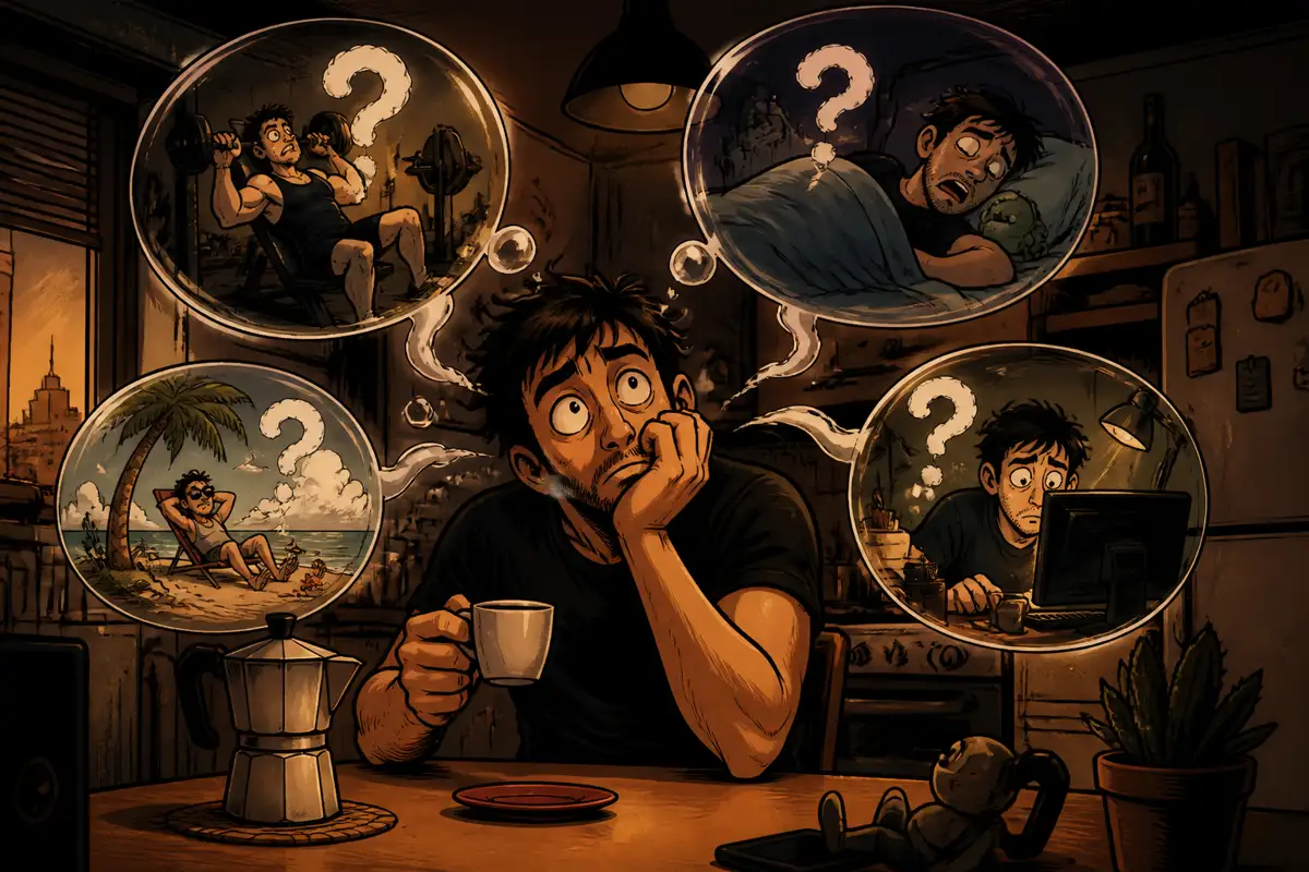 Illustrazione manga light: Gino chiude il daily discussion thread della giornata — parodia Reddit 57 anni
