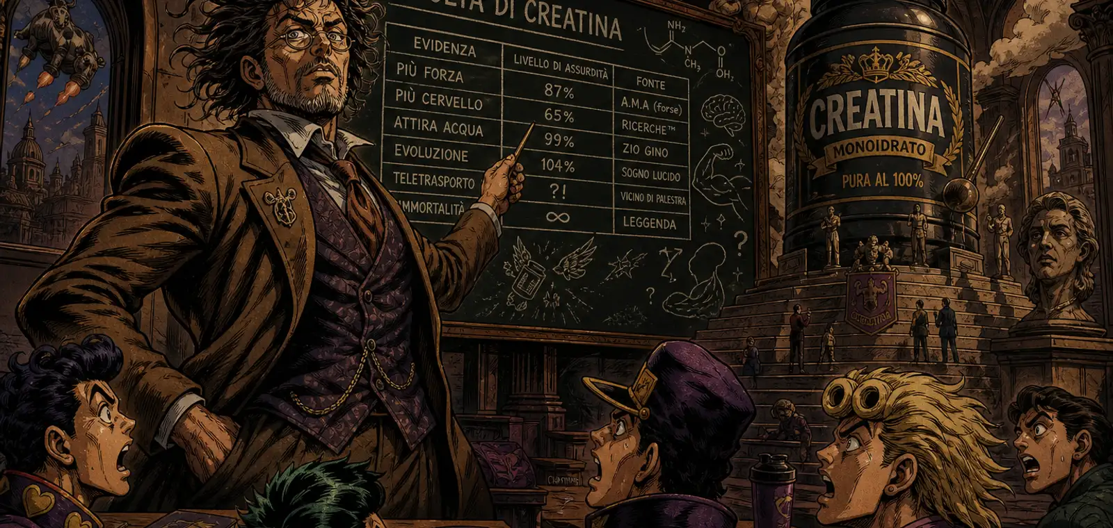 Scena surreale a fumetto: Gino cartoon professore stropicciato in aula universitaria di Creatina Applicata, lavagna con tabella evidenze scientifiche, barattolo sacro, stile JoJo goliardico