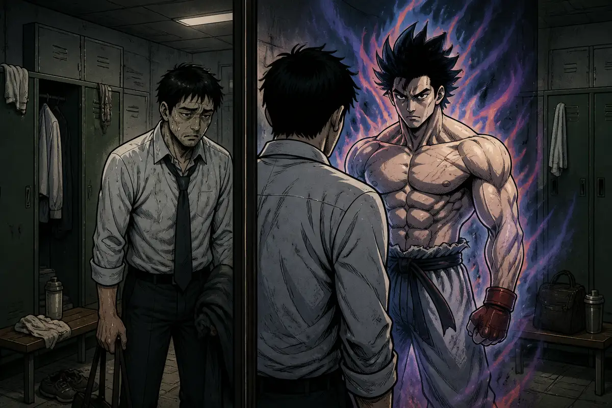 Illustrazione manga specchio doppio: Gino epico da selfie palestra vs Gino stropicciato cartoon — versione mirror dual, parodia anni di differenza Reddit