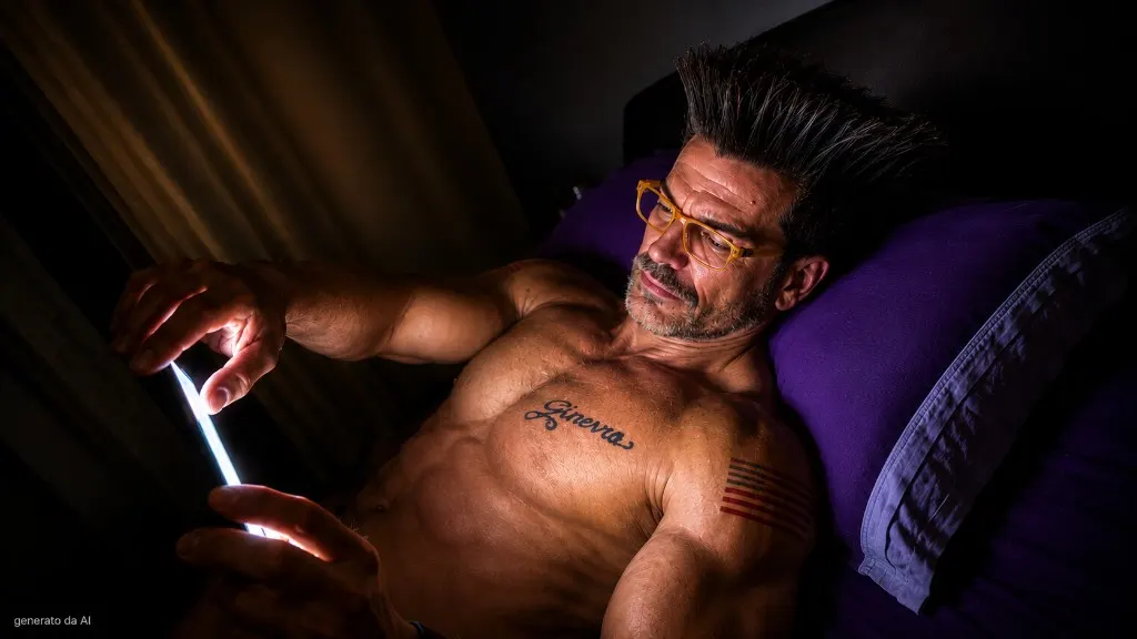 Gino concentrato sulla lettura serale al tablet — scena intimista elaborata con IA
