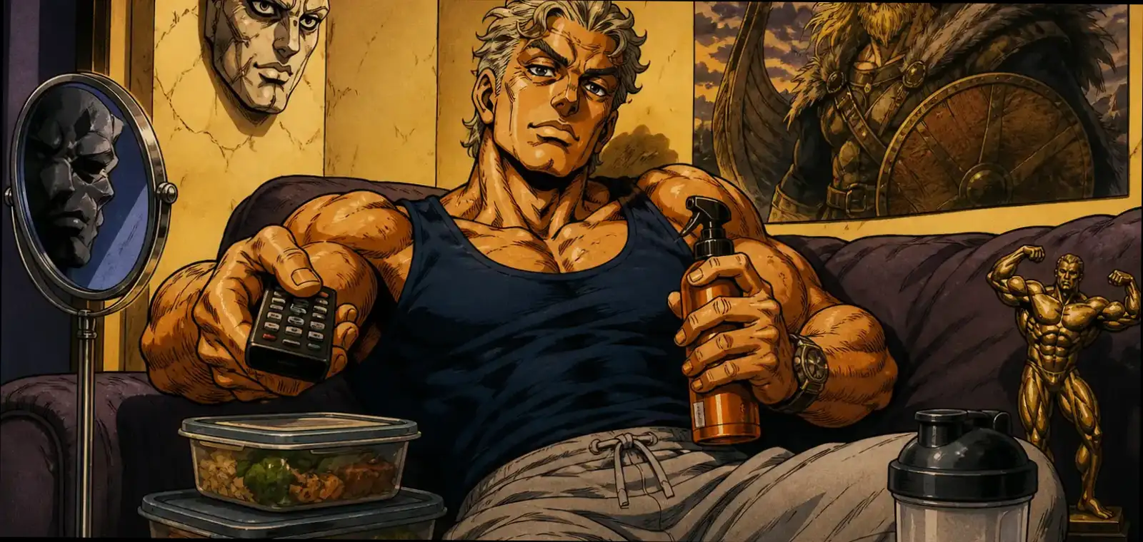 Cartoon goliardico: Gino stropicciato sul divano con piatto di pasta gigante — parodia mass phase Reddit