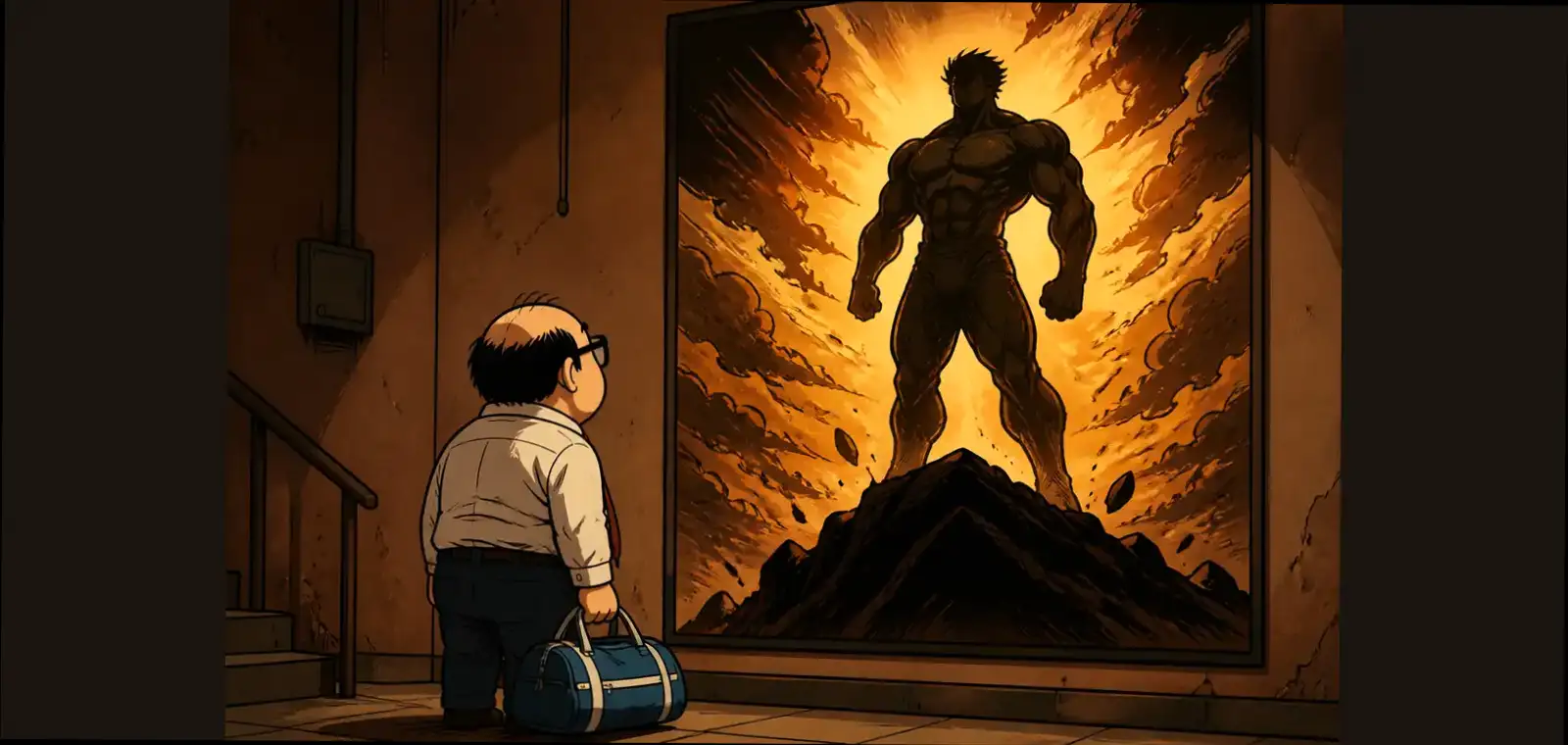 Cartoon goliardico: campione Olympia fermato al bancone visti — parodia surreal JoJo